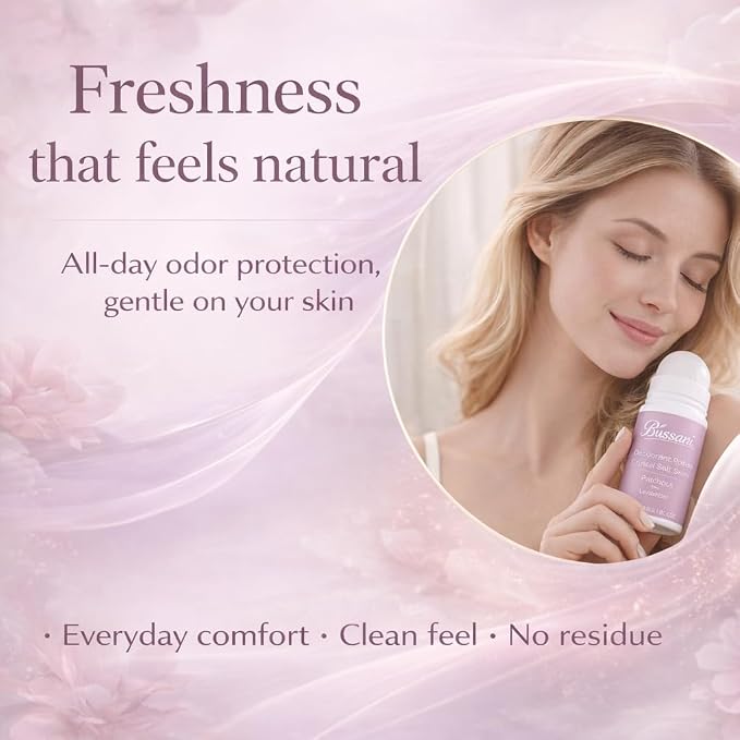 Bussani Women's Roll-On Deodorant – 24H Fresh Odor Protection, No White Marks, Gentle on Skin, Aluminum & Baking Soda Free, Crystal Salt Stone, Patchouli Lavender, 2.02 oz