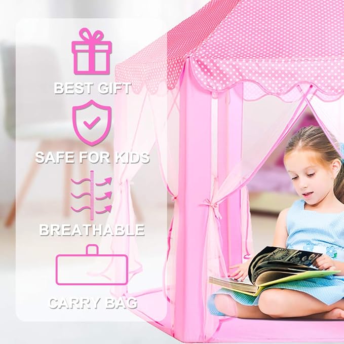 wilwolfer Princess Tent for Girls with Large Star Lights, Kids Play Tent Large Space Playhouse for Children Indoor Games, Gift Toy for Kids Girls & Boys