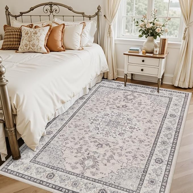6x9 Area Rugs for Living Room: Vintage Boho Neutral Washable Rug Indoor Soft Large Area Rug Carpet for Bedroom Nursery Farmhouse Dining Room Office Floor Non-Slip Low Pile Under Table Beige & Grey