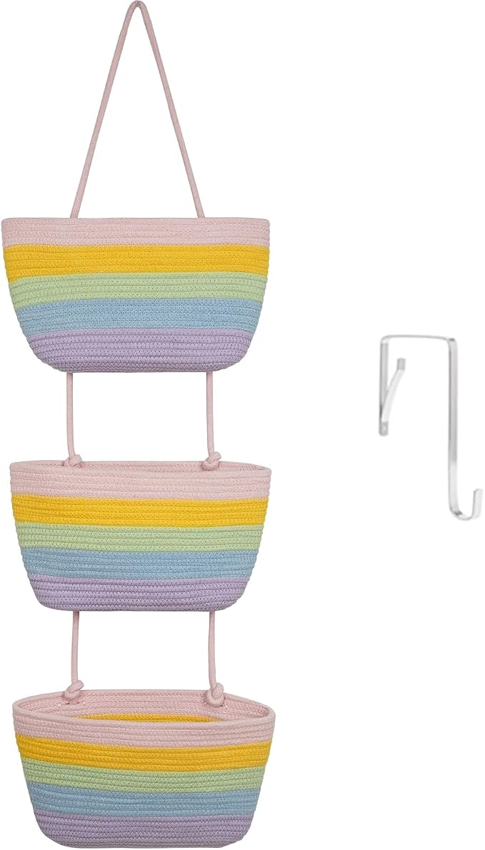 TeoKJ Over the Door Hanging Basket, 3-Tier Woven Cotton Wall-Mounted Storage Organizer Bag Decorative Hanging Nursery Baskets, Rainbow