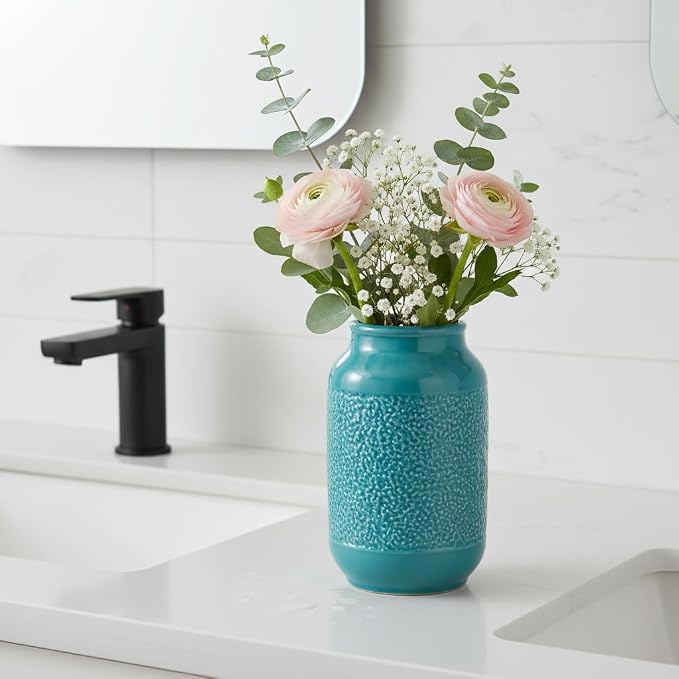 9 Inch Blue Ceramic Vase for Flowers - Textured Teal Cylinder Vase for Table Centerpieces, Modern Boho Vases Home Decor, Living Room, Kitchen Decor