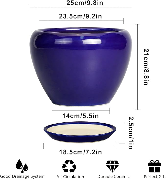 Ceramicfor Ceramic Planter 10 Inch - Indoor Plant Pot for Plants with Drainage Hole and Saucer Large Planter Round Outdoor Flower Pot Mid-Century for House Patio Decor Blue