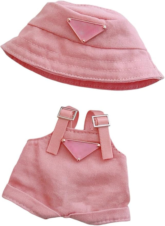 Clothes for Labubu(NO Doll) , Hat & Overalls Set for Labubu Clothes 15cm/17cm Dolls Accessories Suit, Doll Outfit Stylish Clothes(Style Pink)