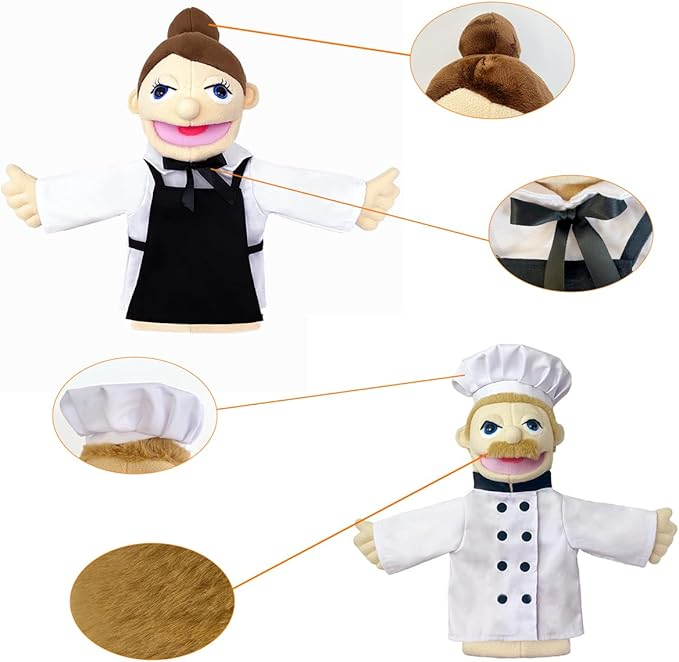 Professional Hand Puppets,2pcs Chef Puppet and Waitress Hand Puppet for Kids Role Play,Teaching Puppet Stuffed Toys Character Puppet with Movable Mouth（03-Chef &Waitress