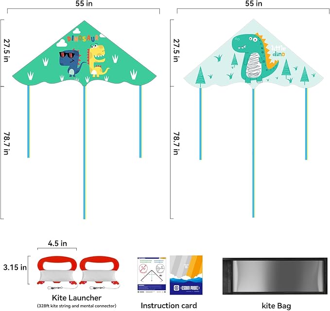 2 Piece Set Dinosaur Kites, Easy to Fly for Beginner, Perfect Kite for Kids and Adults, for Beach and Park, Kids Kite and Adult Kites for Outdoor Games & Activity. (Dinosaur, 2)