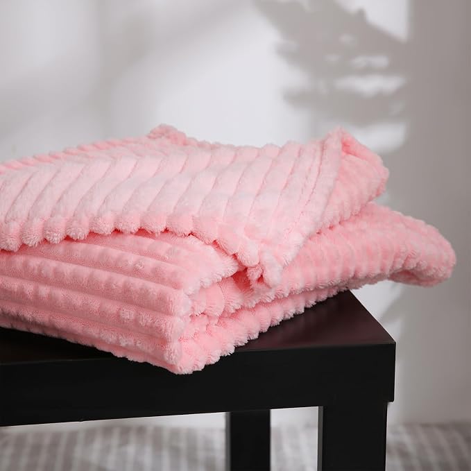 Puncuntex Fleece Throw Blanket Light Pink 108"×90" with Square Grid Design | Super Soft Plush Cozy Flannel Throw Blanket Luxury for Couch Sofa Chair