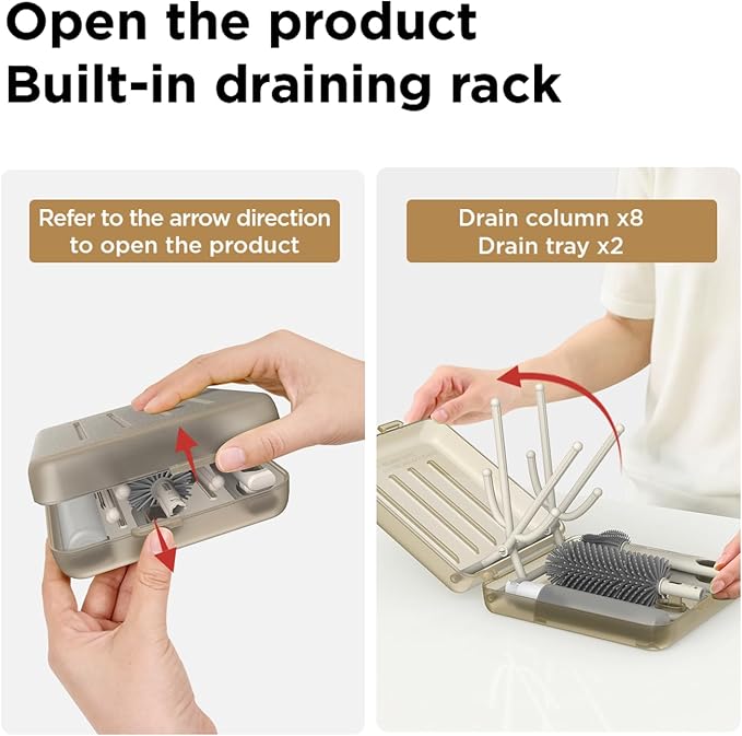 YOTIME Travel Bottle Brush Set, Auto-Open Rack & Vertical Brushs Drying Slots, 3 Brushes, Foldable Drying Rack, Dispenser, Travel Baby Essentials for On-The-Go Parents, Transparent Coffee
