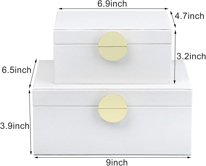 HofferRuffer Faux Leather Jewelry Boxes, Decorative Boxes Storage Accessory Organizer with Gold Hardware Decor, Classic Vegan Leather Set of 2 Pieces (White)