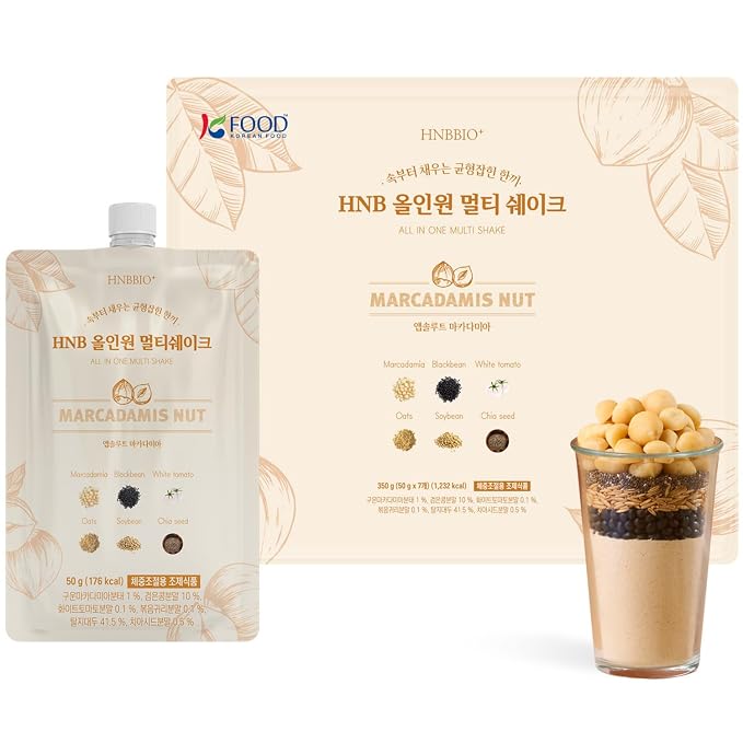 Korean Food All-In-One Multi Shake, Macadamia, Dietary Fiber, 7 Pack, 350g | Macadamia-flavored powder blend with dietary fiber in convenient individual packs