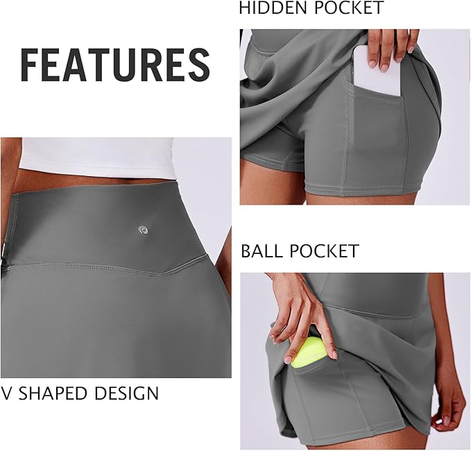 PINSPARK 14" Womens Tennis Skirt High Waisted Golf Skort with 2 Pockets | Built-in Shorts, A Line, Tummy Control, Stretchy, Casual, Mini, Workout, Pickleball, Running, Skort for Woman