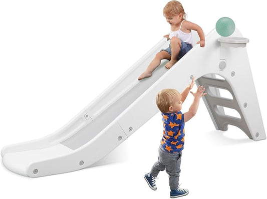 Arlopu Freestanding Kids Slide, Toddler Slide Climber with Basketball Hoop & Ball, Baby Playset w/Long Slope, for Boys and Girls Birthday, Sturdy Playground Toy for Indoor Outdoor (Grey White)