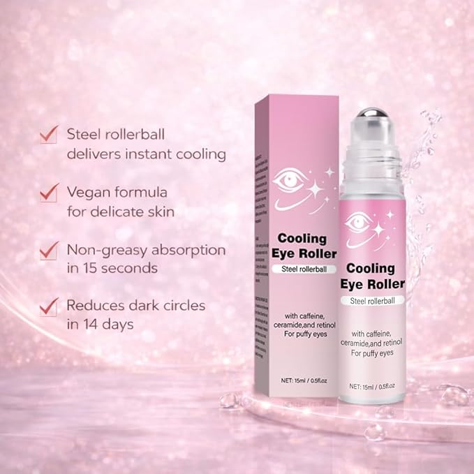 Under Eye Brightener with Cooling Metal Rollerball - Ceramide & Caffeine Eye Serum for Dark Circles and Puffiness Anti Aging, for Men/Women 15ml / 0.51floz (2Pcs) ﻿