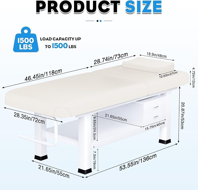 Massage Table with Towel Rack and Storage, 1500lbs Weight Capacity Iron Base Massage Bed Adjustable Backrest for Professional & Home Use, Spa Treatment Table for Relaxation and Therapy, Beige