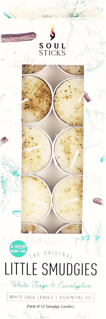 SOUL STICKS 12 Pack Little Smudgies Tealight Candles Smudge Candle for Cleansing House, Meditation, Chakra Healing | Made with Crystals and Herbs (White Sage & Eucalyptus)