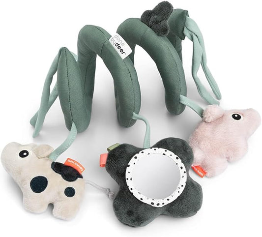 Done by Deer Car Seat Toys Hanging - Activity Spiral – Sensory Baby Toy with Mirror with Sound & Crinkle Sounds - Attachable to Cot, Carseat & Stroller - Soft & Baby-Friendly Materials