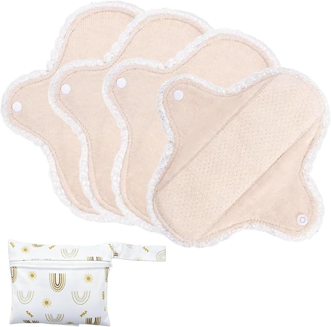Reusable Incontinence Pads,Organic Cotton Pads Sanitary Napkins,Lace Trim Washable Menstrual Pads,with 1 Storage Bag,Panty Liners Pads Period/Incontinence/Postpartum.(Skin Color/S/4pcs)