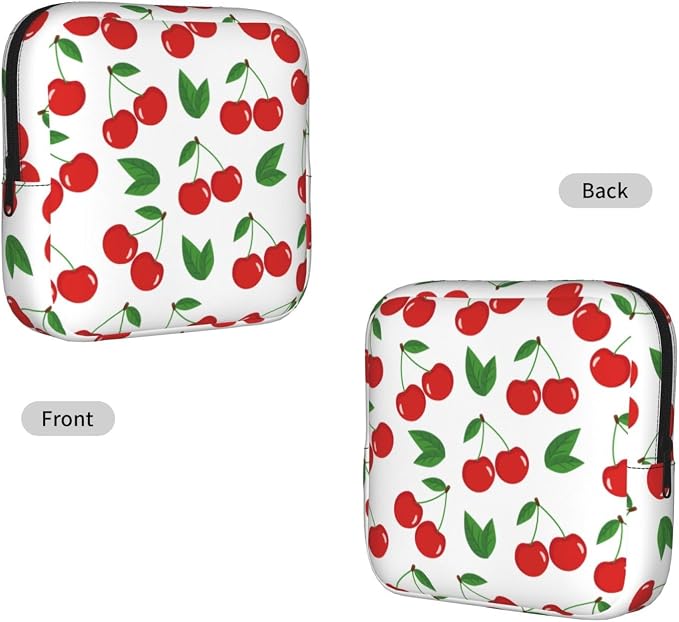Cherry Red Cherries Leaves Leaf Fruit White Period Bag For Women,Portable Sanitary Napkin Period Pad Pouch For Purse, Small Make Up Bags