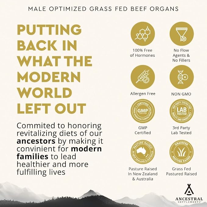 Ancestral Supplements Mofo, Supplements for Men, Support for Energy Levels and Overall Men's Health and Wellness, Non-GMO Grass Fed Beef Organ Supplement with Liver, No Fillers, 180 Capsules