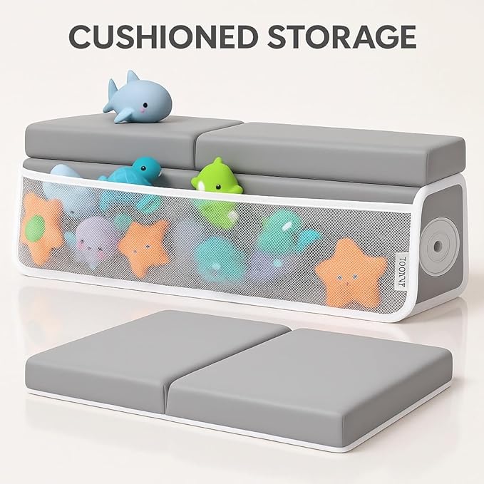 Baby Bath Kneeler and Elbow Rest Pad Set, Memory Foam Cushion with Toy Storage Organizer, Comfortable Bathtub Mat for Bathing Infant Support Non Slip Bath Time Essentials