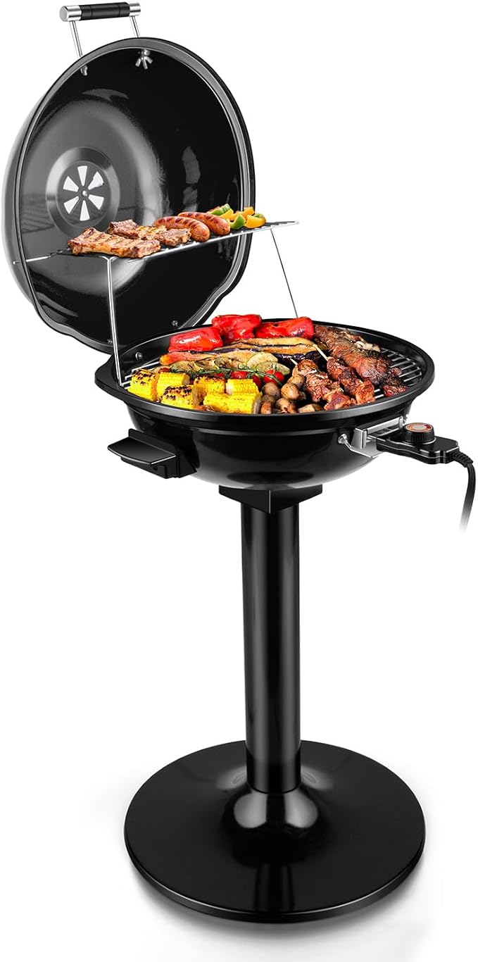 Electric Grill, Techwood Indoor/Outdoor Electric BBQ Grill, 1600W Portable Removable Stand Grill with Adjustable Heat & Drip Tray, Double Layer Design for Party, Patio & Backyard (Black)