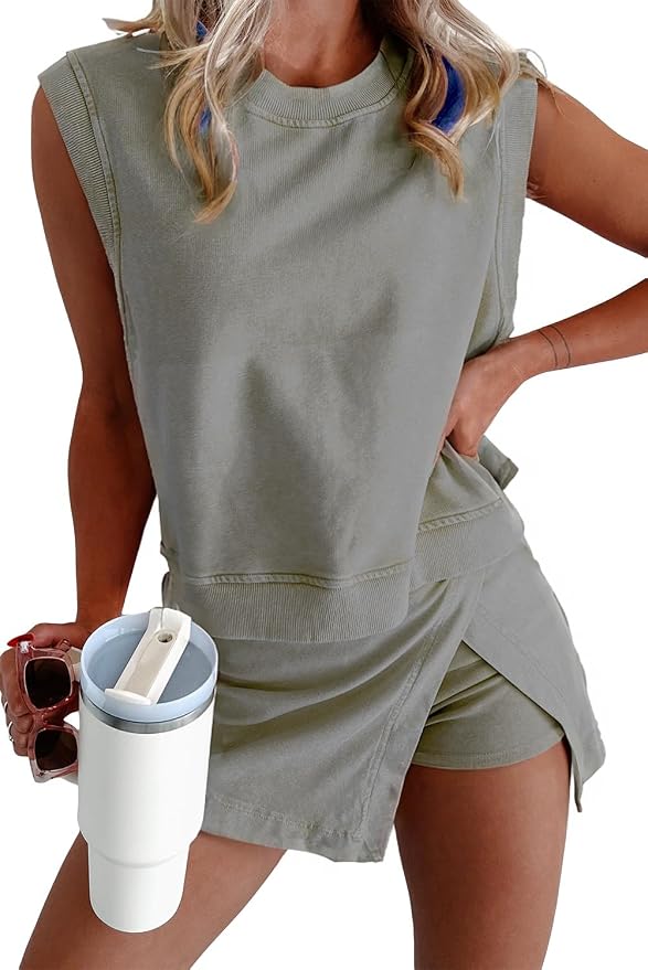 Women 2pc Mineral Wash Athletic Lounge Tank Skirt Set | Soft mineral wash cotton,Breathable.Relaxed lined split skirt.Ideal for travel,lounge,gym,workout casual daily wear