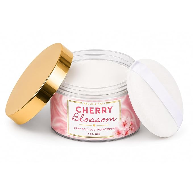 Cherry Blossom Scented Body Powder for Men & Women, Bath Perfume Dusting Powder with Fragrance & Essential Oils, Talc Free 8oz Large Container with Puff, Made in USA