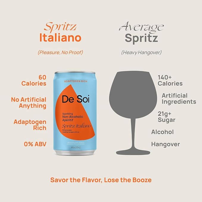 De Soi Happy Hour Duo Mocktails NA Drinks 12 pack - Adaptogen Drink, Sparkling Drink with Calming Botanicals, Mocktail Drinks, Gluten Free, No Artificial Flavors - (Haute Margarita + Spritz Italiano)