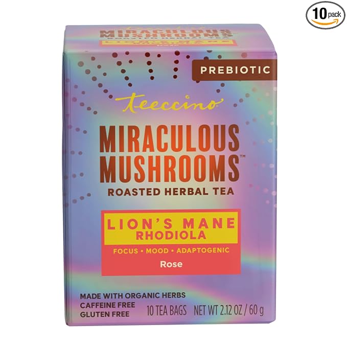 Teeccino Caffeine-Free Mushroom Adaptogenic Herbal Tea - 10 Tea Bags - Lion’s Mane Rhodiola Tea - Rose, 3x More Herbs than Regular Teas, Lightly Sweet from Dates & Figs, Chicory Prebiotic
