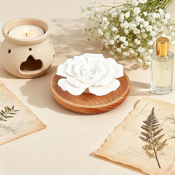 PH PandaHall Essential Oil Passive Flower Diffuser, White Flower Ceramic Essential Oil Small Diffuser Cordless Aromatherapy for Small Room Desk Bathroom Office Air Freshener, Rose