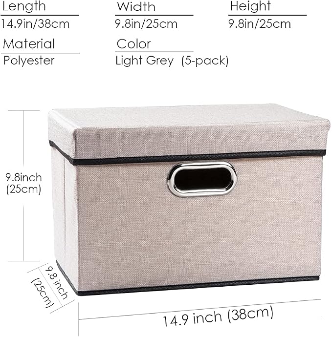 Foldable Storage Bin with Lid [5-Pack] Linen Fabric Decorative Storage Box Organizer Container Basket Cube with Handles Divider for Closet Office Living Room Light Grey(14.9x9.8x9.8)