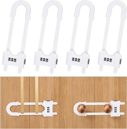 4 Pack U-Shaped Sliding Cabinet Locks Multifunctional Child Safety Lock Adjustable Baby Proof Clips for Home Cabinets Refrigerator Doors Cabinet Knobs and Window Handles (White)
