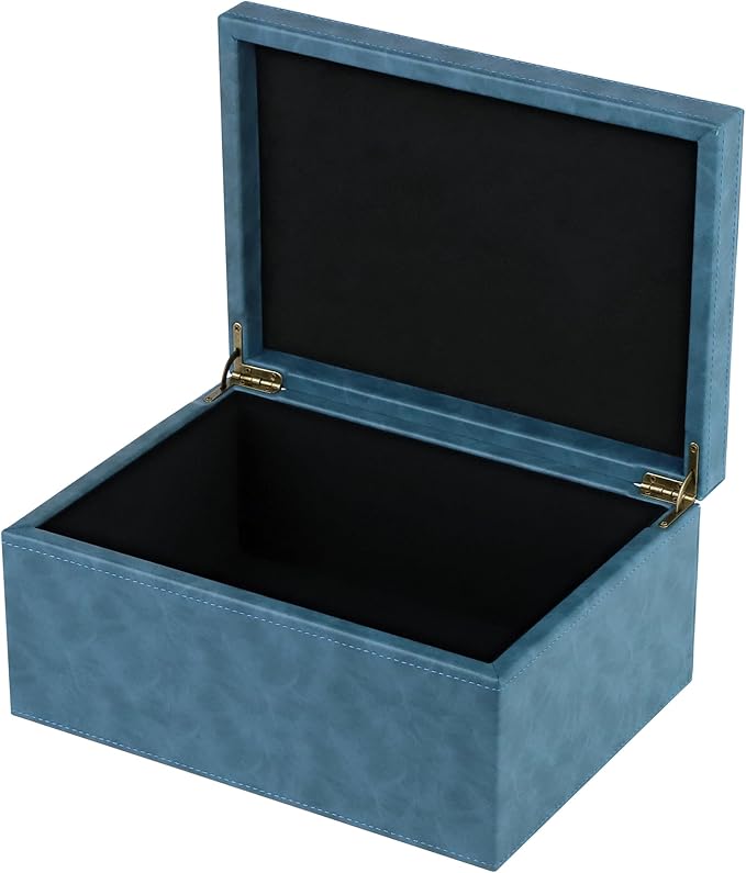 HofferRuffer Faux Leather Decorative Box, Large Wooden Structure Keepsake Box Accessory Organizer Jewelry Organizer with Hinged Lid, Storage Container for Home or Office (Blue)