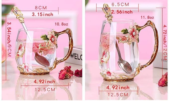 Luka Tech Enamel Butterfly flower Glass Mug with Spoon, Gifts For Women Wife Mom Friends Birthday Mothers Valentines Day Christmas (Blue-Tal)