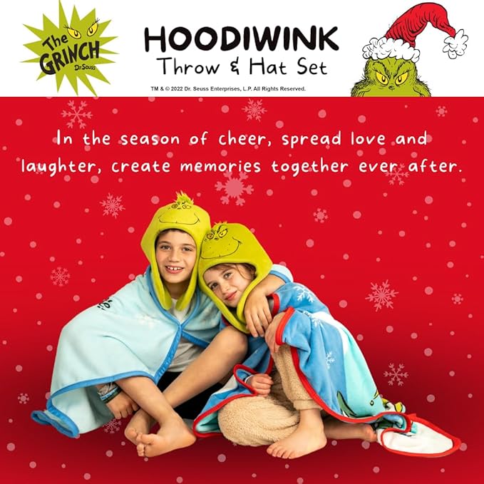 Dr. Seuss The Grinch Costume Holiday and Christmas Kids Super Soft Hooded Throw with Detachable Hat, 50"(L) X 60" (W), (Official Licensed Product) By Franco