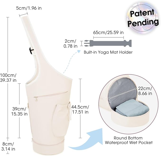 sportsnew Yoga Mat Bag, Large Opening Long Tote Yoga Mat Carrier Holder Bag with Waterproof Wet Pocket and Drawstring Water Bottle Pocket, Adjustable Shoulder Strap Storage Bag, patent pending
