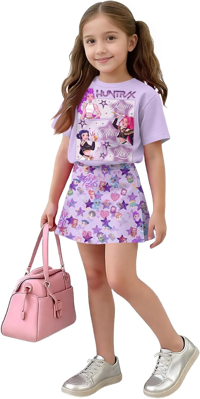 HTHLVMD K Pop Short Sleeve T-Shirt and Skirts Outfits Set for Girls Hunters Rumi Mira Zoey Graphic Tees De-Mon Costume