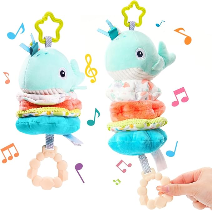 Jollybaby Baby Musical Pull String Hanging Toy for Stroller Car Seat Crib Play Gym, Plush Stuffed Whale Toy for Carseat with Music Teether Crinkle Paper, Sensory Toy for 0-6-12-18 Months Baby Gift