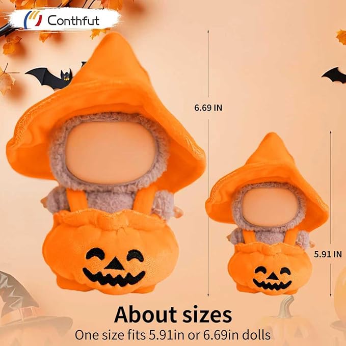 17cm Doll Clothes, Clothes for Dolls Outfit, Halloween Pumpkin Overalls Witch Hat for Dolls Accessories,Halloween Clothes Set for Doll (No Doll)(Orange Hat Pumpkin Clothes)