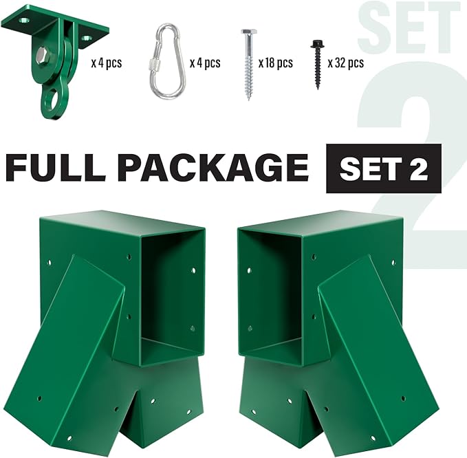 Heavy Duty Swing Sets Bracket Kit, Including 2 A-Frame Swing Set Brackets and 4 Swing Hangers, for Playground Equipment Mounting Parts, Porch, Yard (Green)