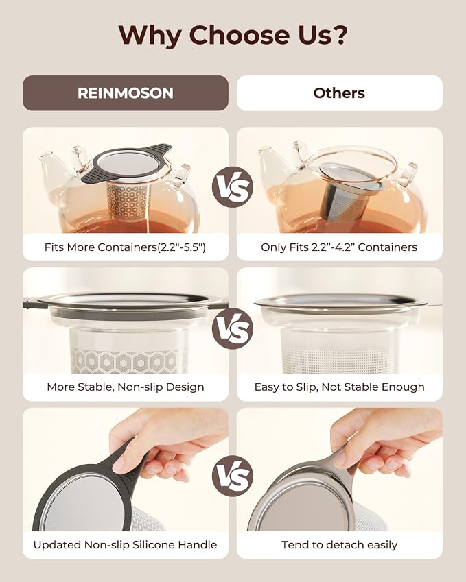 Reinmoson Extra Fine Mesh Tea Strainers & Filters for Loose Tea Single Cup, 304 Stainless Steel and Food Grade Silicone Loose Leaf Tea Steeper for Black Tea, Coffee, Rooibos, etc