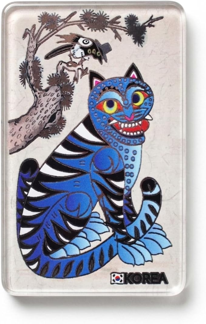 Korean Tiger & Magpie Minhwa Fridge Magnet – Premium Acrylic Refrigerator Magnet, Made in Korea Traditional Folk Art Souvenir, Cultural Gift Decor for Kitchen & Office (2.4 x 4 in)