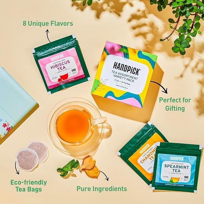 HANDPICK, Tea Bags Sampler Assortment Variety pack Gift Box 8 Flavors, 40 Tea Bags - Perfect Variety | English Breakfast, Green, Black, Herbal & More | Gifts for Him/Her | Sampler