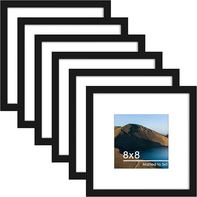 8x8 Picture Frame Set of 6, Wall or Tabletop Display, Black | Display Pictures 5x5 with Mat or 8x8 Without Mat, Horizontal or Vertical, Gallery Wall Frame Set, Wedding Birthday Gifts