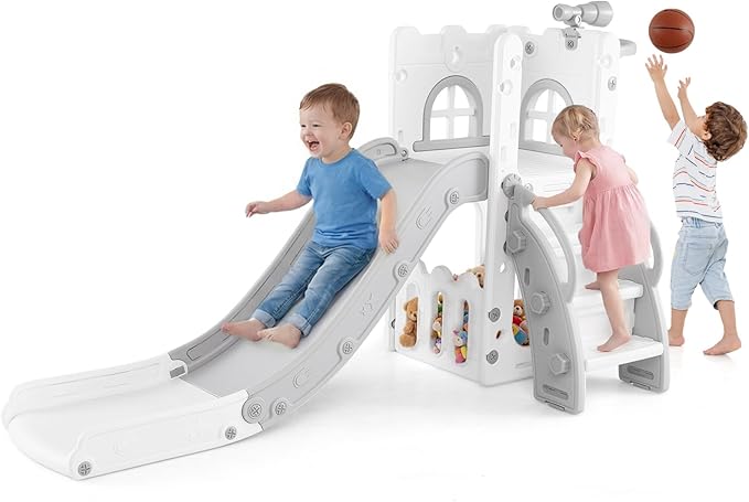 OLAKIDS Toddler Slide, 6 in 1 Kids Indoor Outdoor Playground with Climber Basketball Hoop Telescope Toy Storage for Boys Girls Aged 1+ (Grey, 27'')