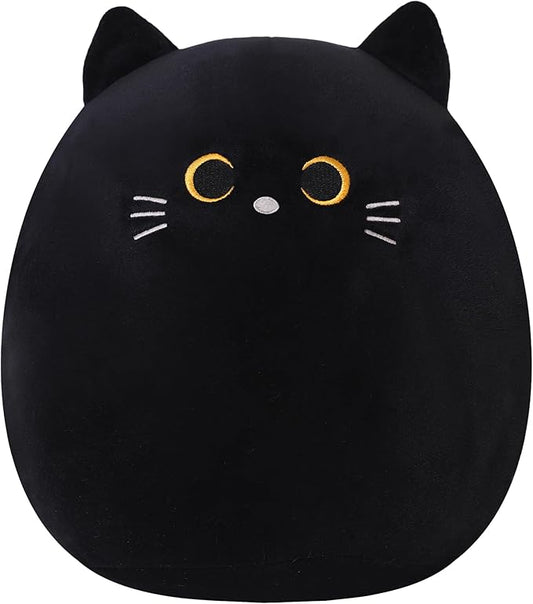 SQEQE Cat Plush Pillow Kawaii Cat Stuffed Animal Fluffy Plushies Doll Toy Soft Animal Shape Design Stuffed Animals Gifts for Kids(Black, 14 inch)