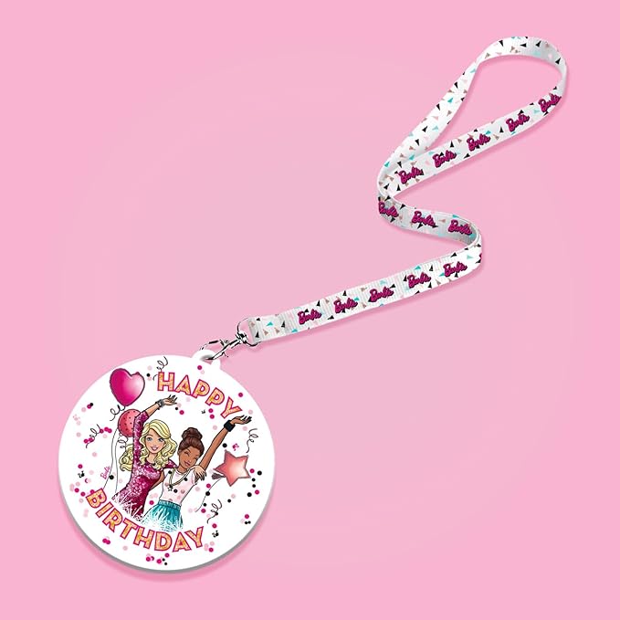 Megatoys Barbie Birthday Party Gift Set - Tin Box, Tin Pencil Case, Stickers, Birthday Necklace, Plush, and Birthday Hat