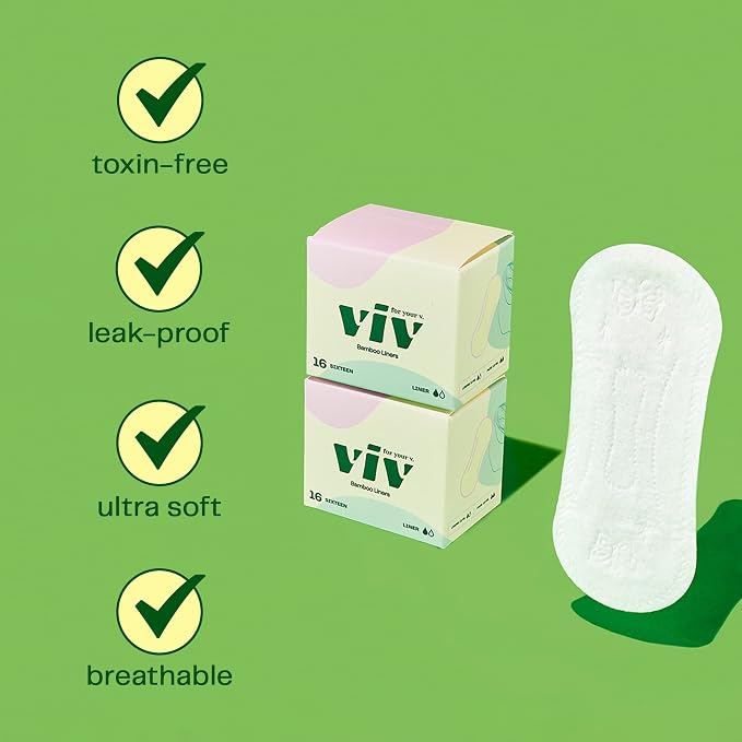 Viv for Your V Bamboo Organic Panty Liners for Women | Soft, Thin, Absorbent Sanitary | Incontinence Pads for Women No Wings | Unscented, Earth-Friendly (16 Pack)