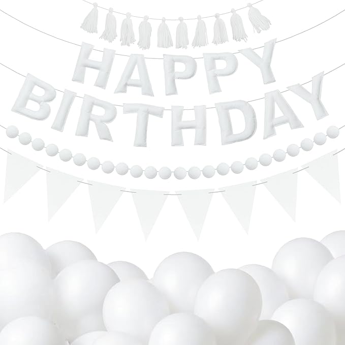 Elegant White Themed Birthday Decoration Set, White Pre-Strung 3D Felt Happy Birthday Banners, Pom-Pom Garland, Party Pennant Felt Banner Flags, Tassel Garland, Balloons, Reusable Party Decor,Photo Prop