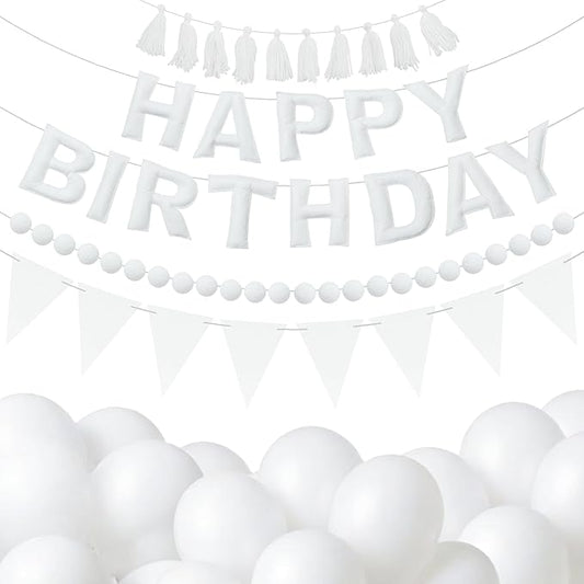 Elegant White Themed Birthday Decoration Set, White Pre-Strung 3D Felt Happy Birthday Banners, Pom-Pom Garland, Party Pennant Felt Banner Flags, Tassel Garland, Balloons, Reusable Party Decor,Photo Prop