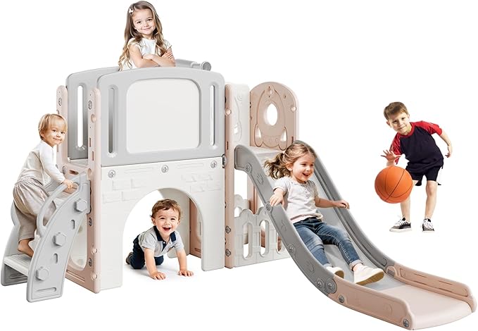 Garvee 8-in-1 Toddler Slide Indoor & Outdoor Playground Playset for Kids-Includes Climber, Basketball Hoop, Telescope, Tunnel, and Storage Space for Backyard & Courtyard Fun